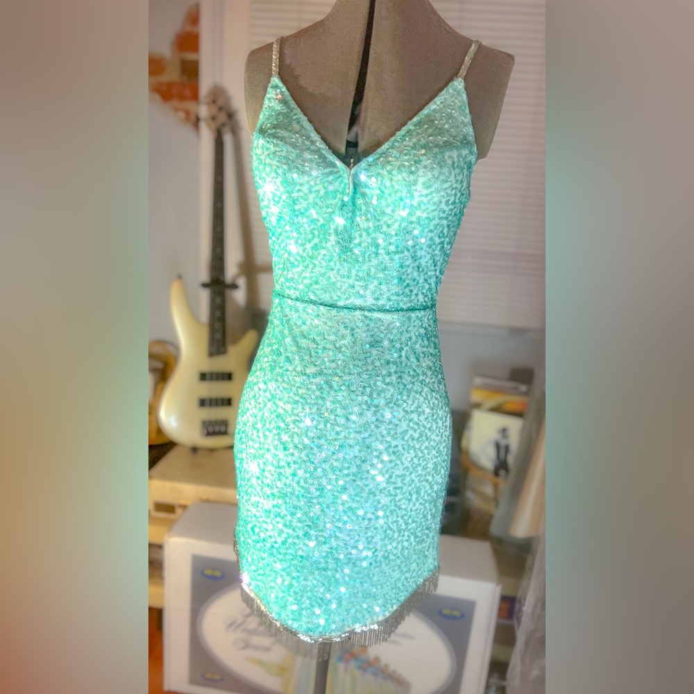 Beaded-fringe Hem Sequin Mini-Dress by Ashley Lauren, Size 8 - Picture 4 of 10